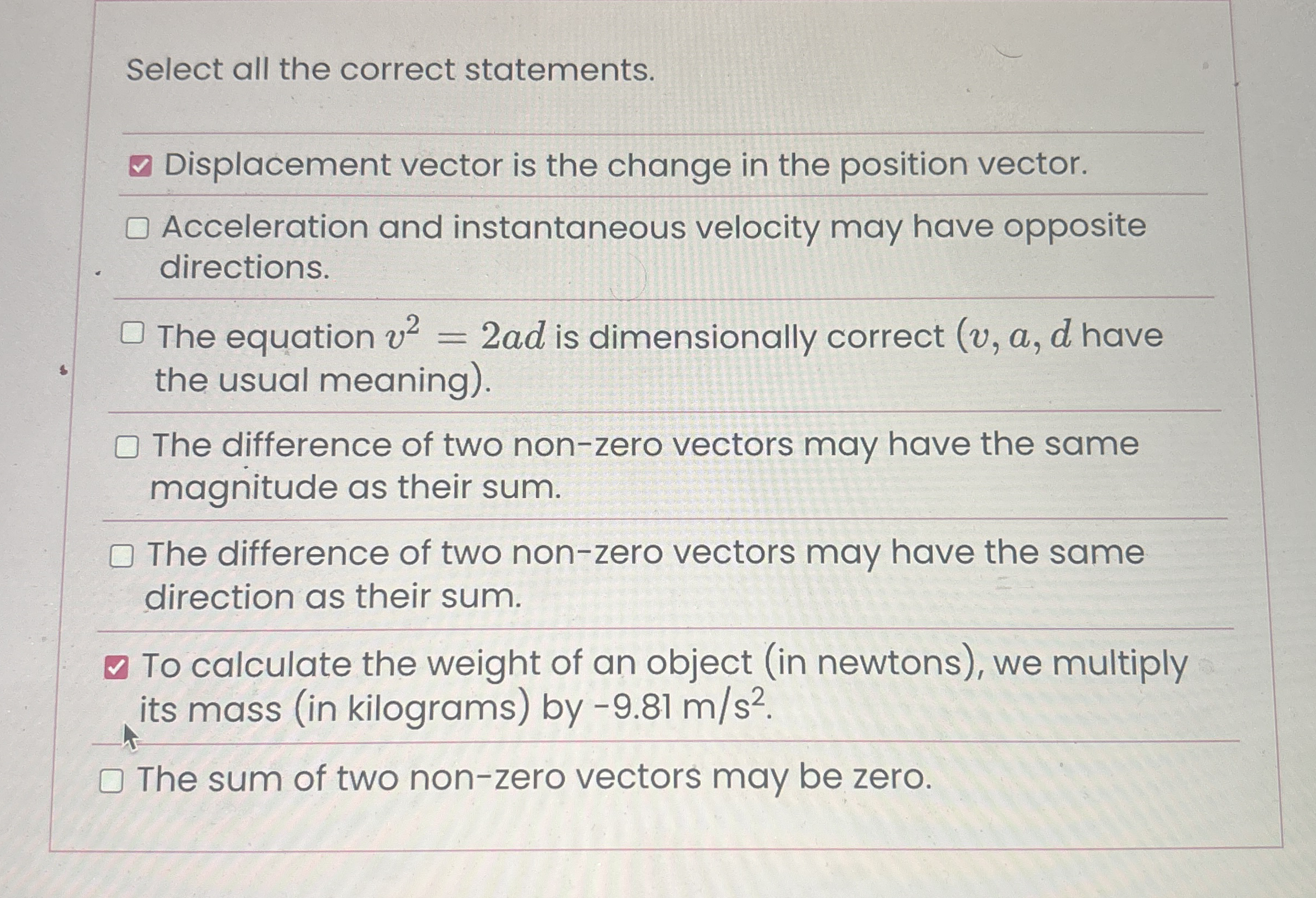 Select all the correct statements. Displacement