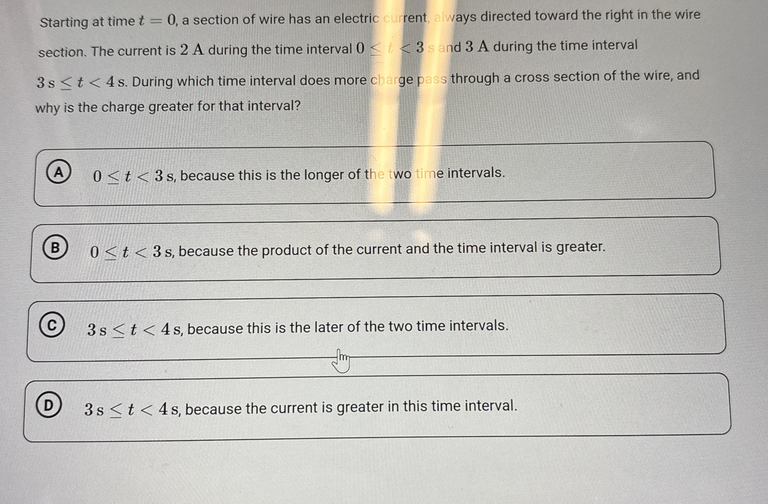 Starting at time t = 0 , a section of wire has an