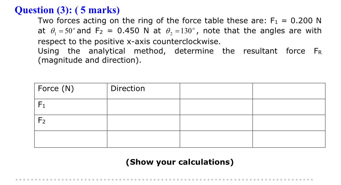 Question ( 3 ) : ( 5 marks ) Two forces acting on