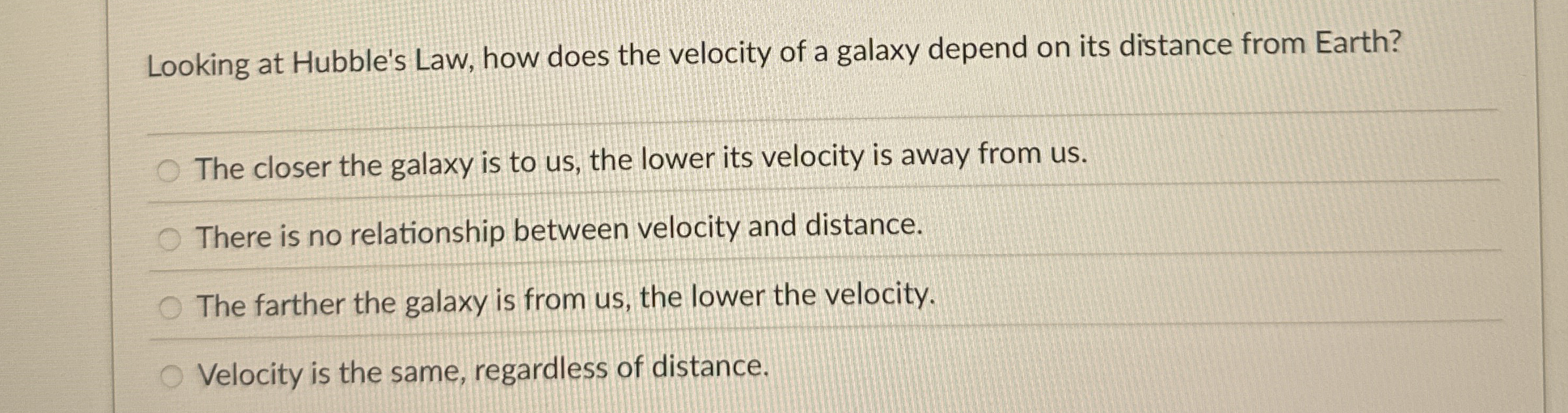 Looking at Hubble's Law, how does the velocity of