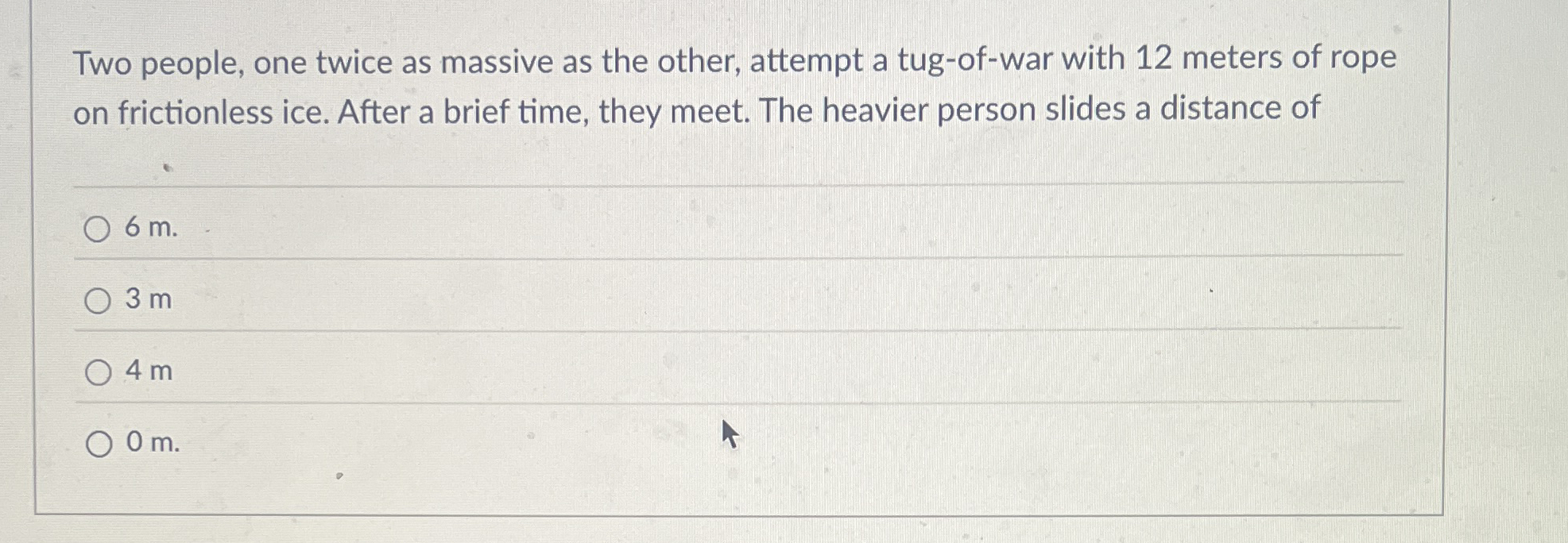 Two people, one twice as massive as the other,
