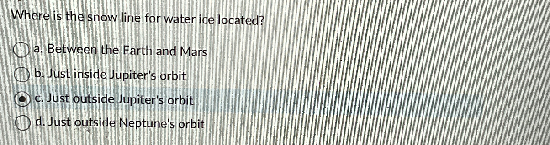 Where is the snow line for water ice located? a .
