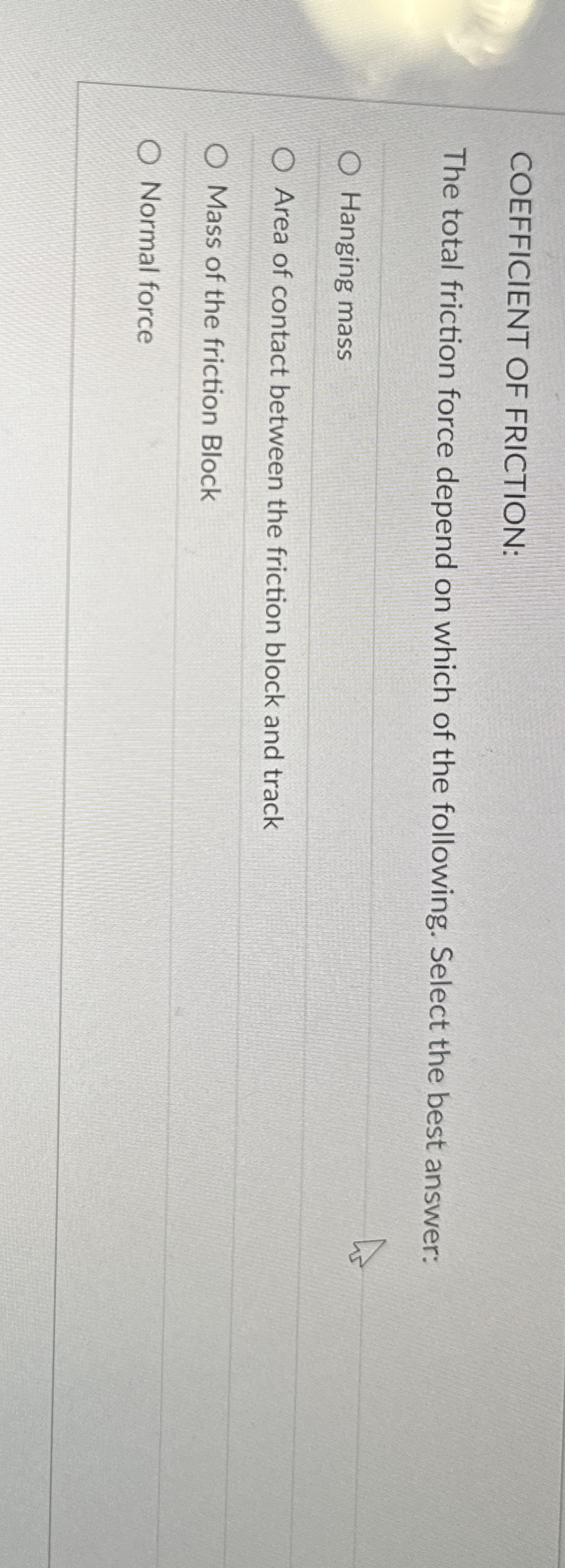 COEFFICIENT OF FRICTION: The total friction force