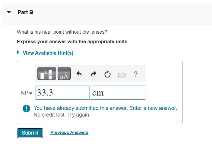 Part B What is his near point without the lenses?