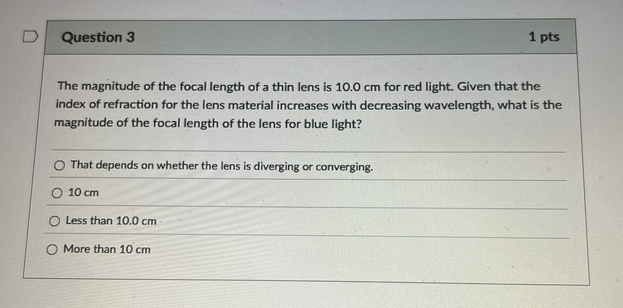 Question 3 1 pts The magnitude of the focal