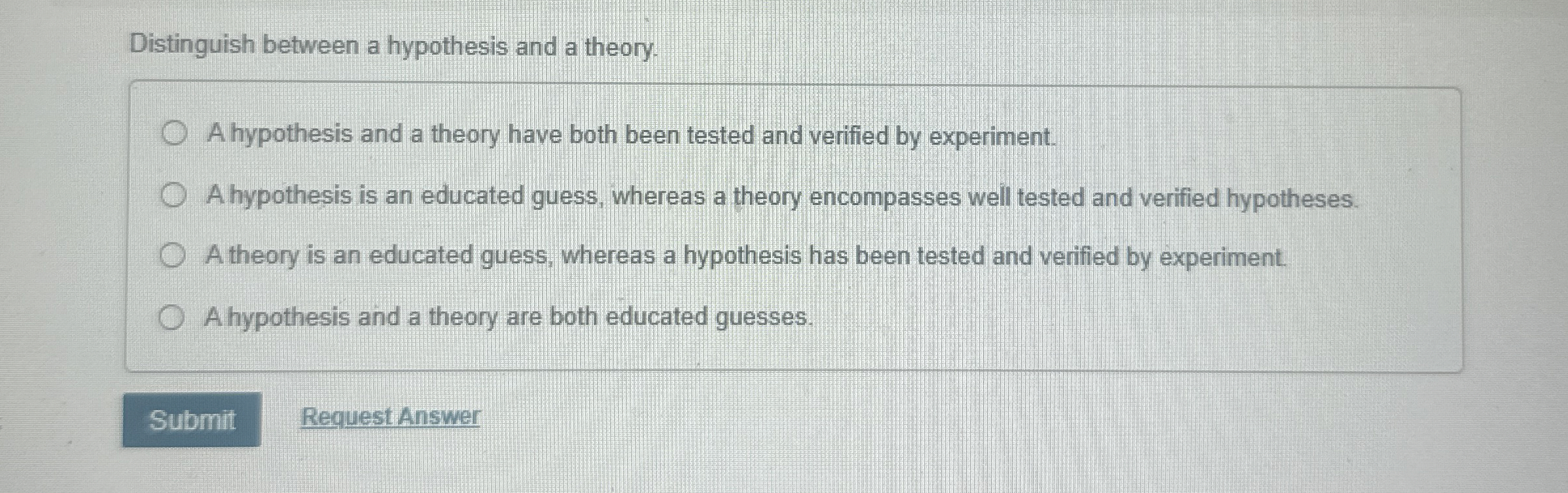 Distinguish between a hypothesis and a theory. A