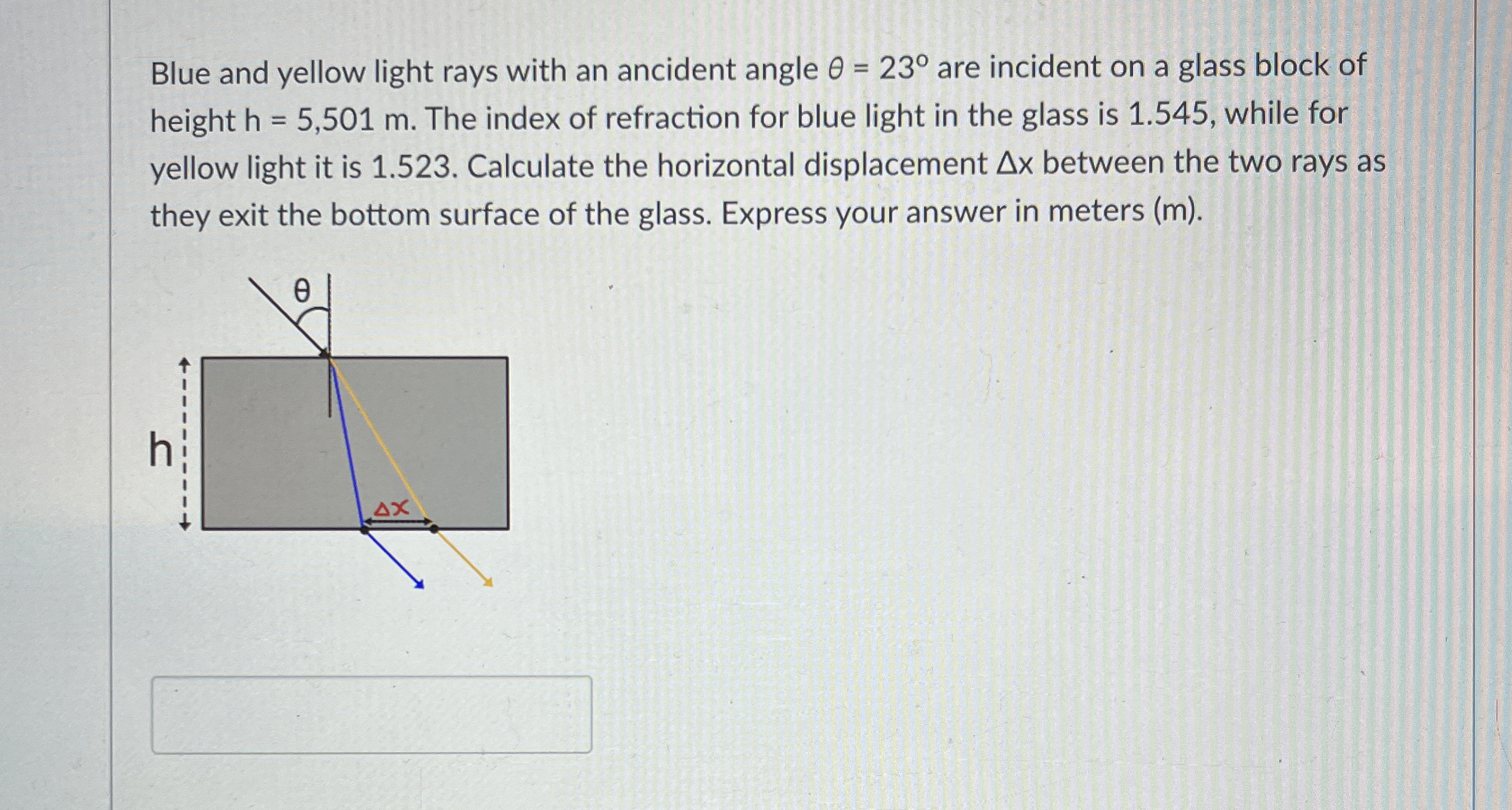 Blue and yellow light rays with an ancident angle