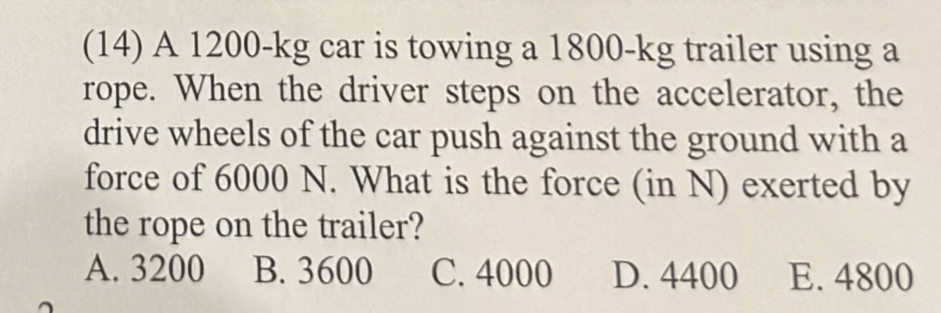 ( 1 4 ) A 1 2 0 0 - k g car is towing a 1 8 0 0 -