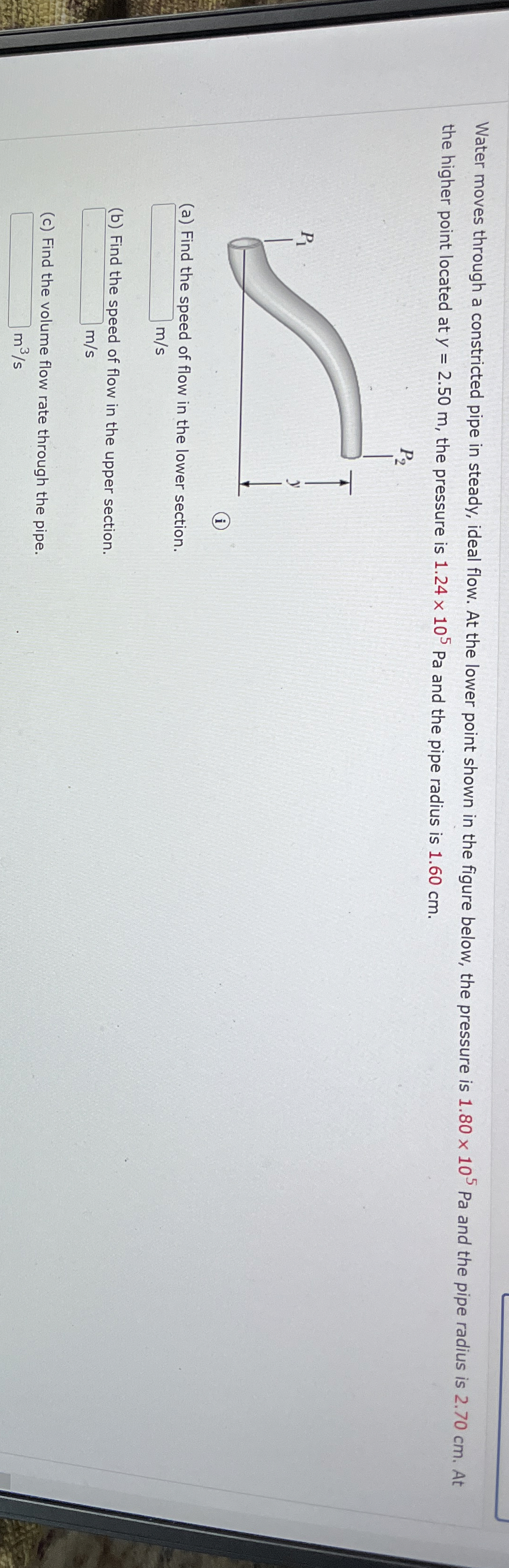 Water moves through a constricted pipe in steady,