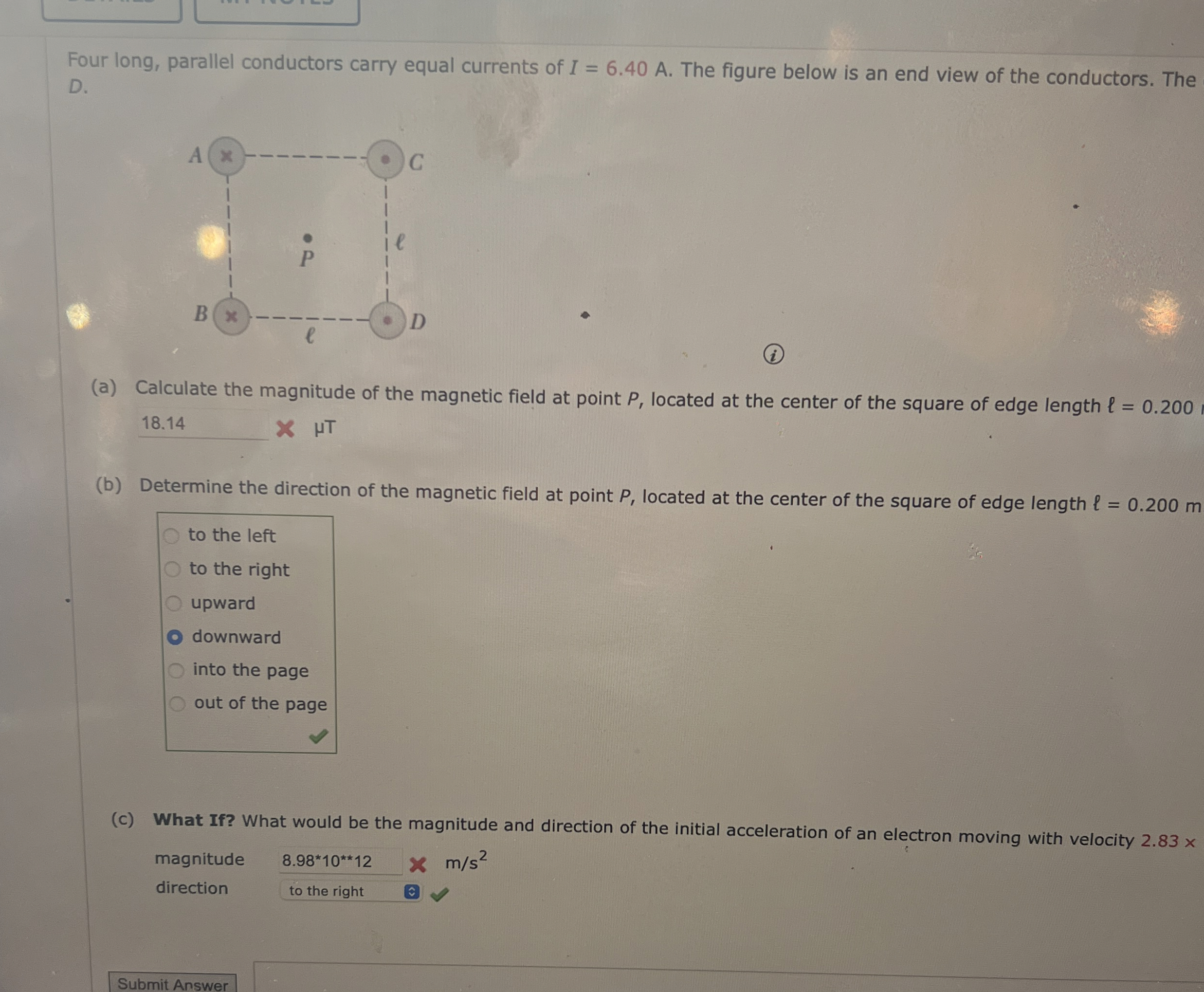 Four long, parallel conductors carry equal