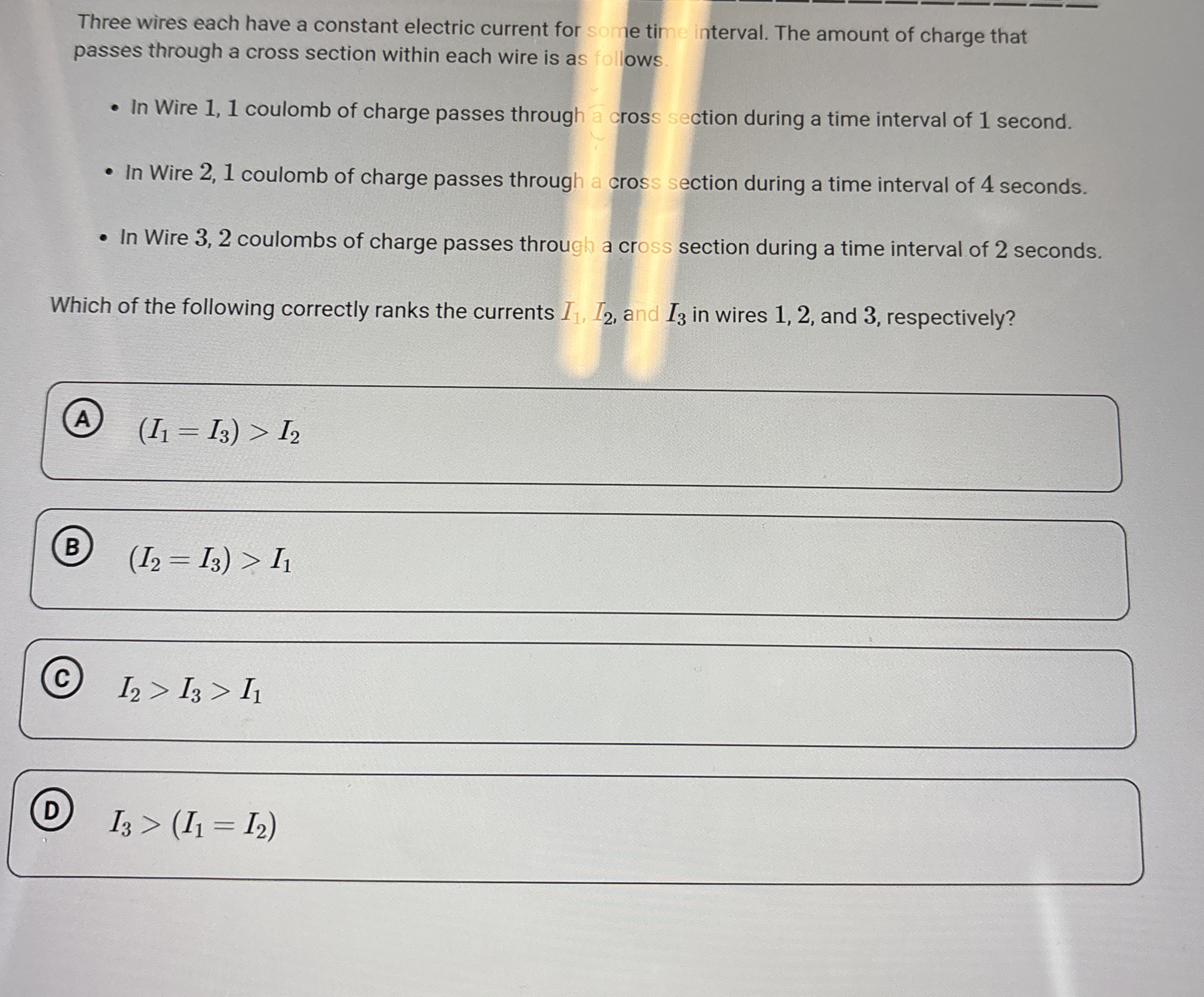 Three wires each have a constant electric current