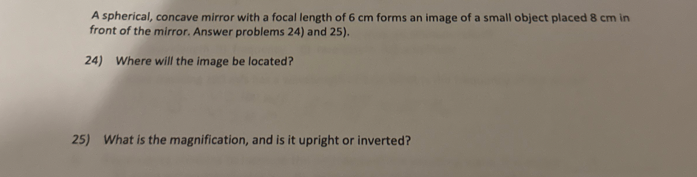 A spherical, concave mirror with a focal length