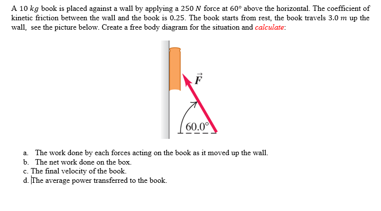 A 1 0 kg book is placed against a wall by
