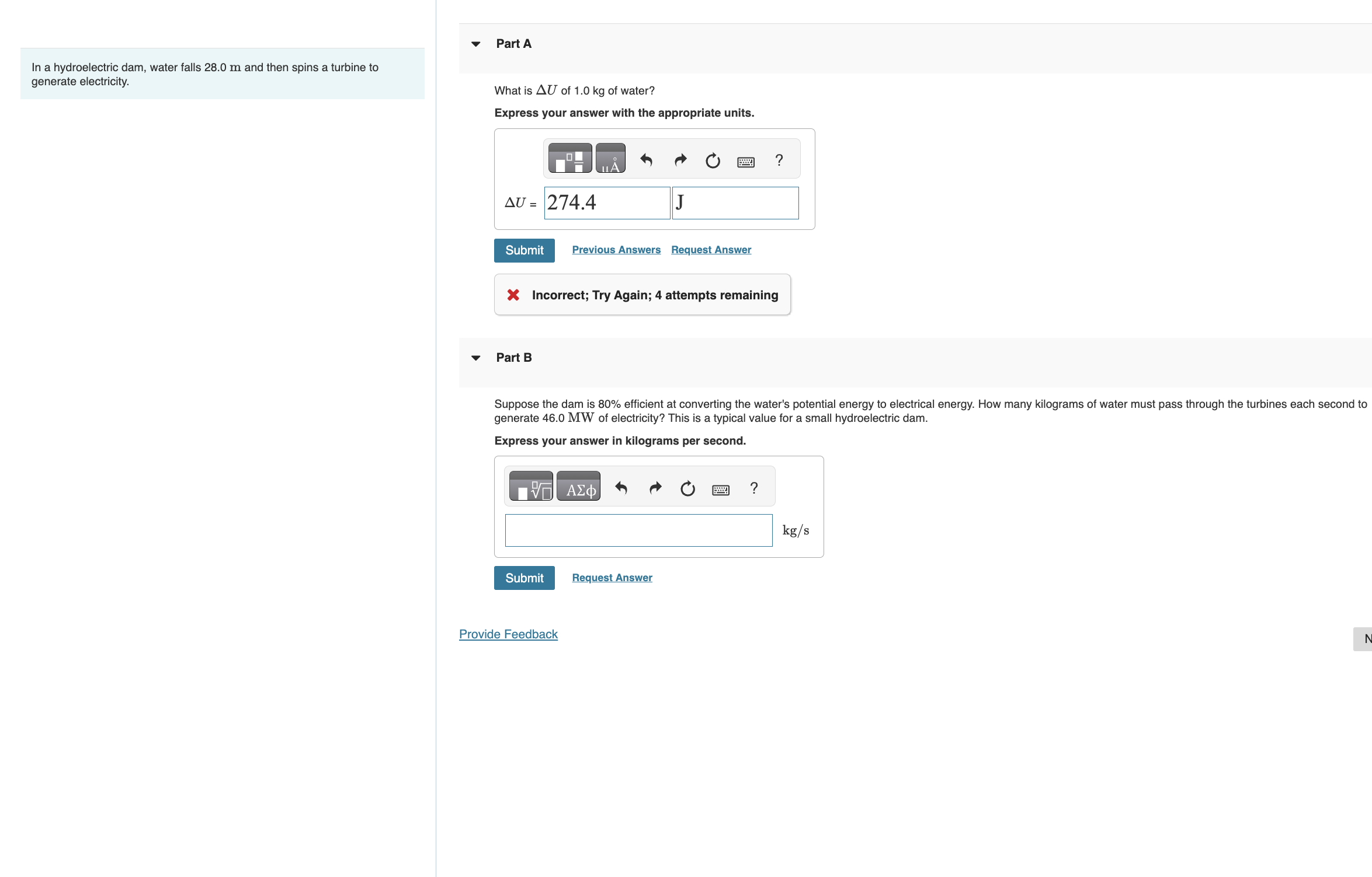 In a hydroelectric dam, water falls 2 8 . 0 m and