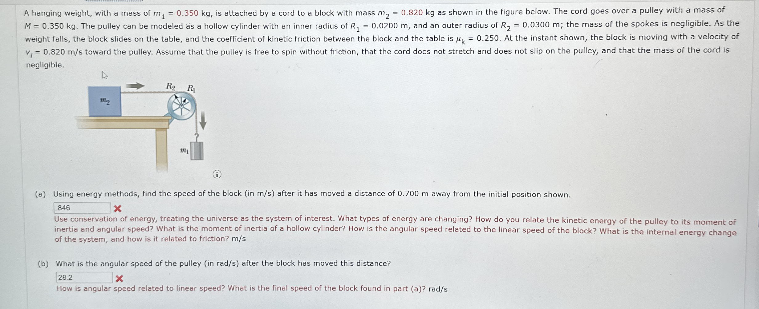 A hanging weight, with a mass of m 1 = 0 . 3 5 0