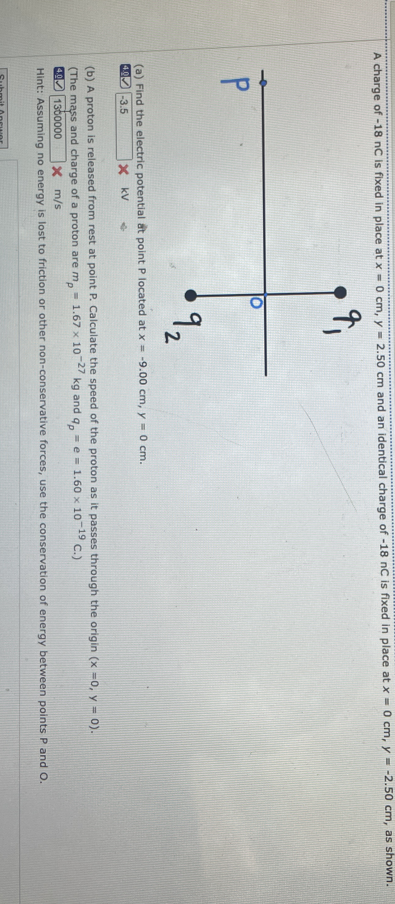 A charge of - 1 8 nC is fixed in place at x = 0 c