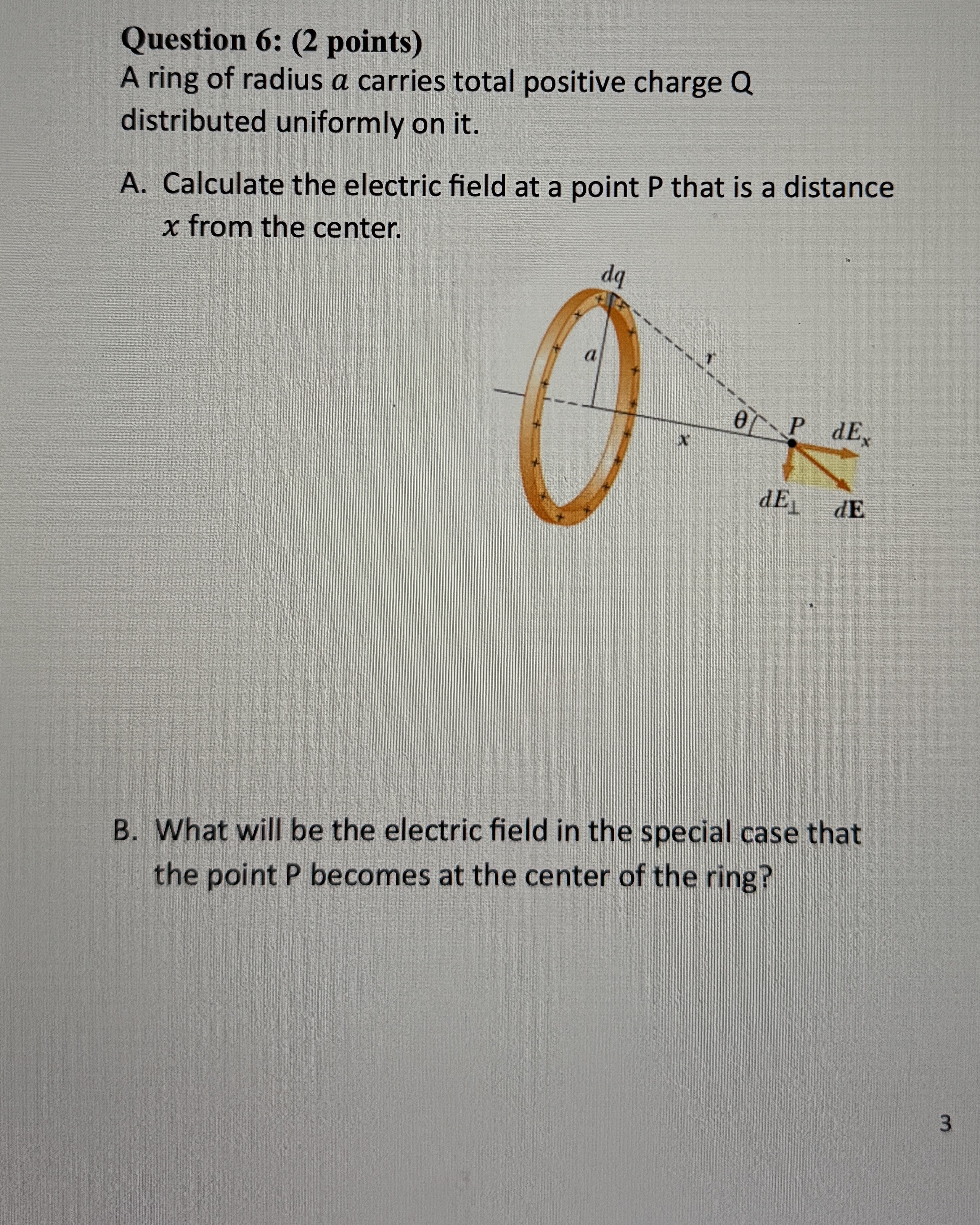 Question 6 : ( 2 points ) A ring of radius a