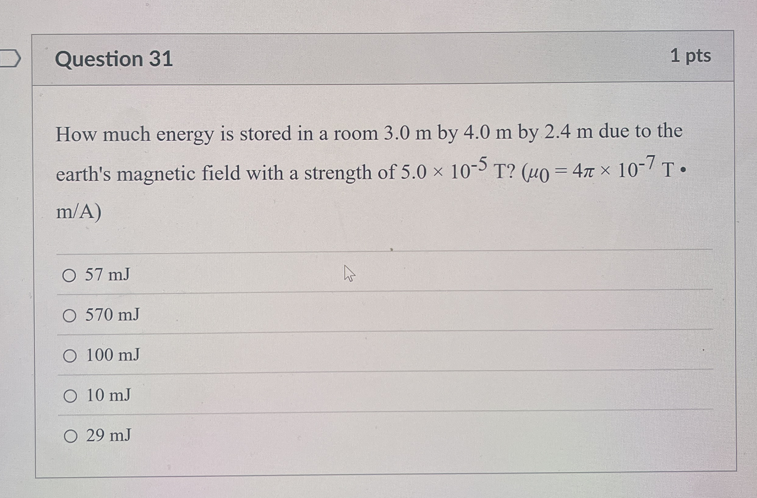 Question 3 1 1 pts How much energy is stored in a