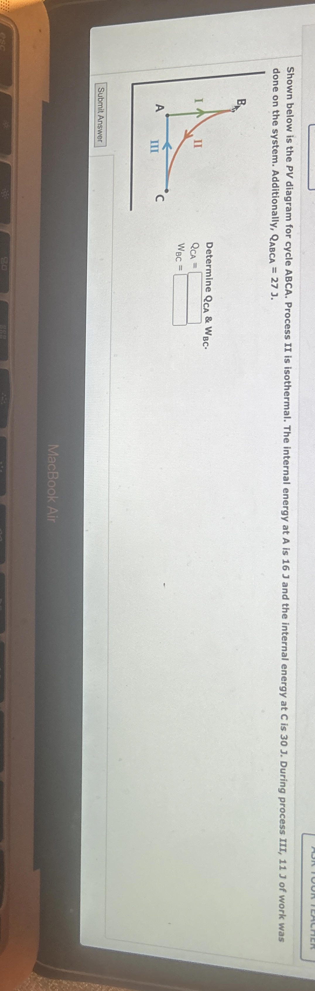 Shown below is the PV diagram for cycle ABCA.