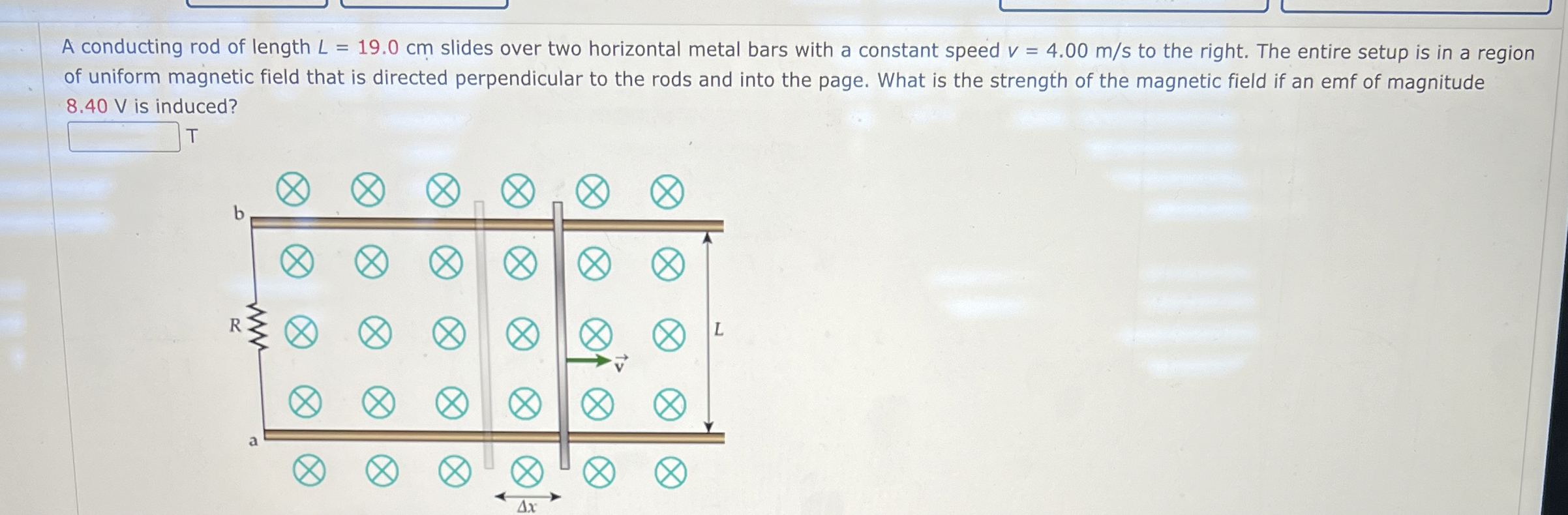 A conducting rod of length L = 1 9 . 0 c m slides