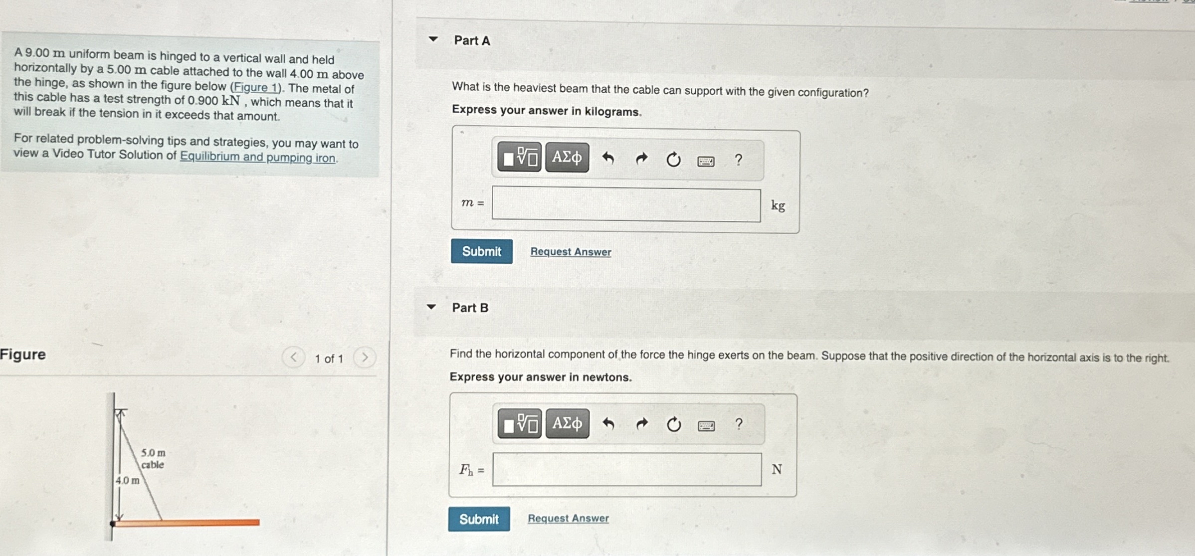 A 9 . 0 0 m uniform beam is hinged to a vertical