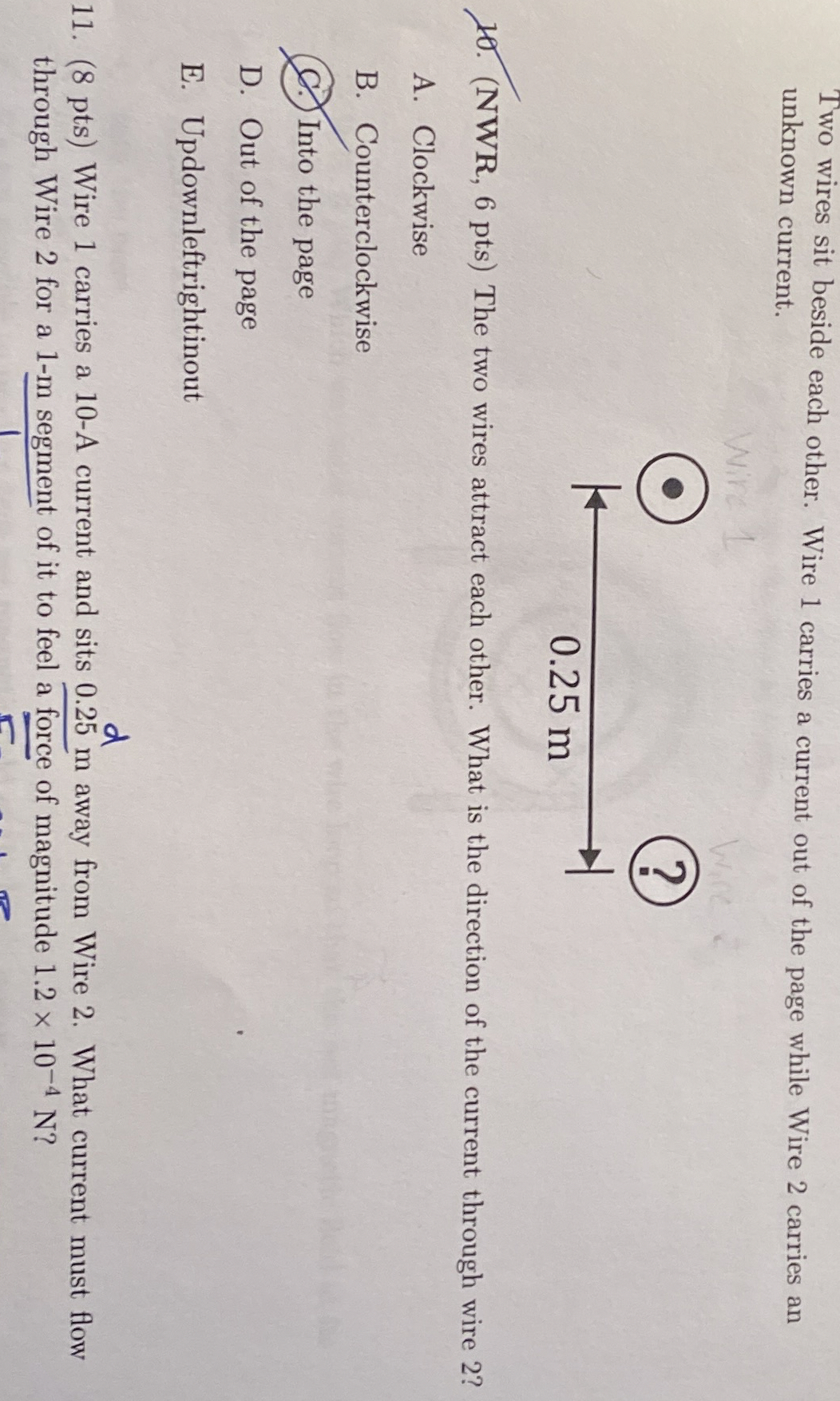 Two wires sit beside each other. Wire 1 carries a