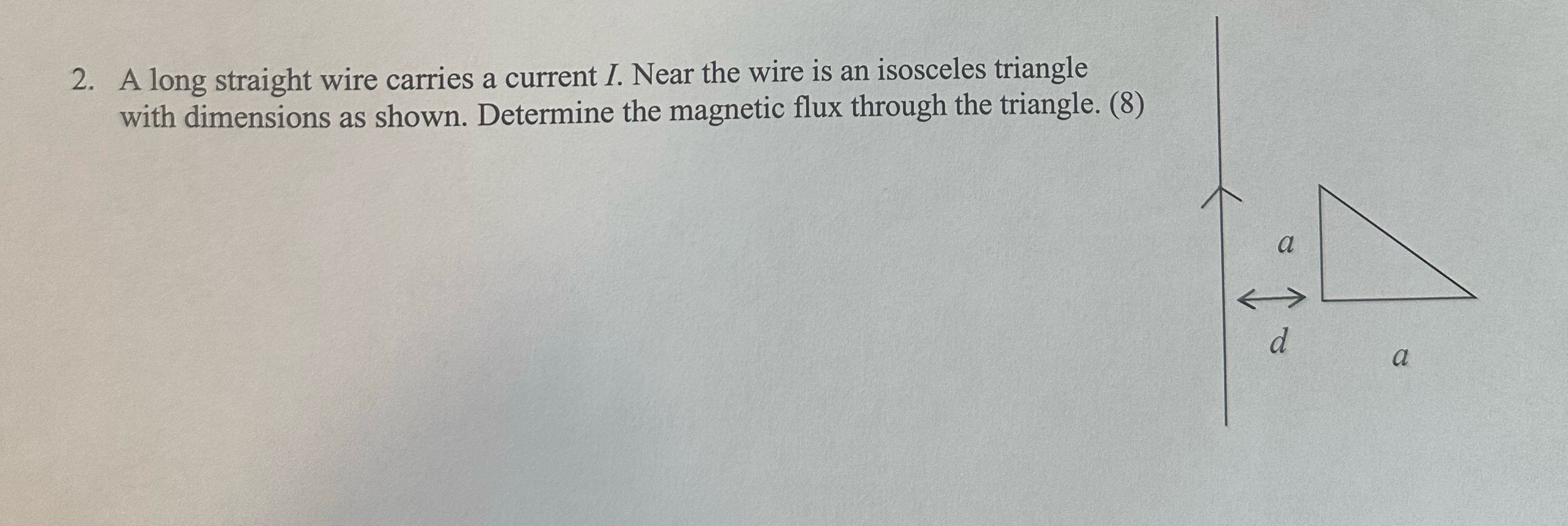 A long straight wire carries a current I. Near