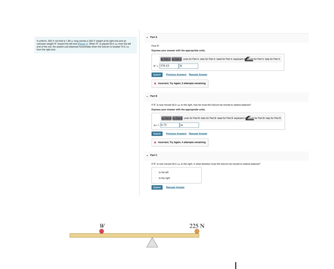 A uniform, 2 5 5 N rod that is 1 . 8 0 m long