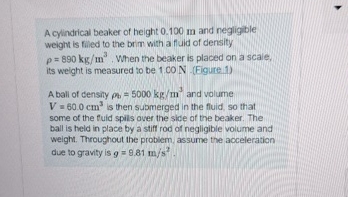 A cyindrical beaker of height 0 . 1 0 0 m and