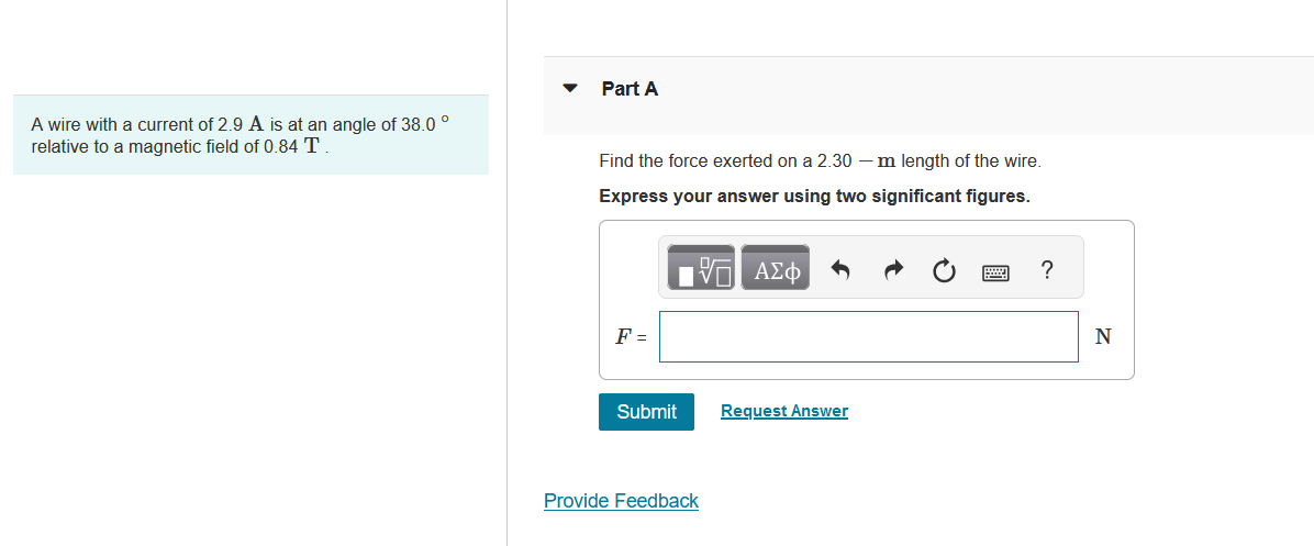 A wire with a current of 2 . 9 A is at an angle