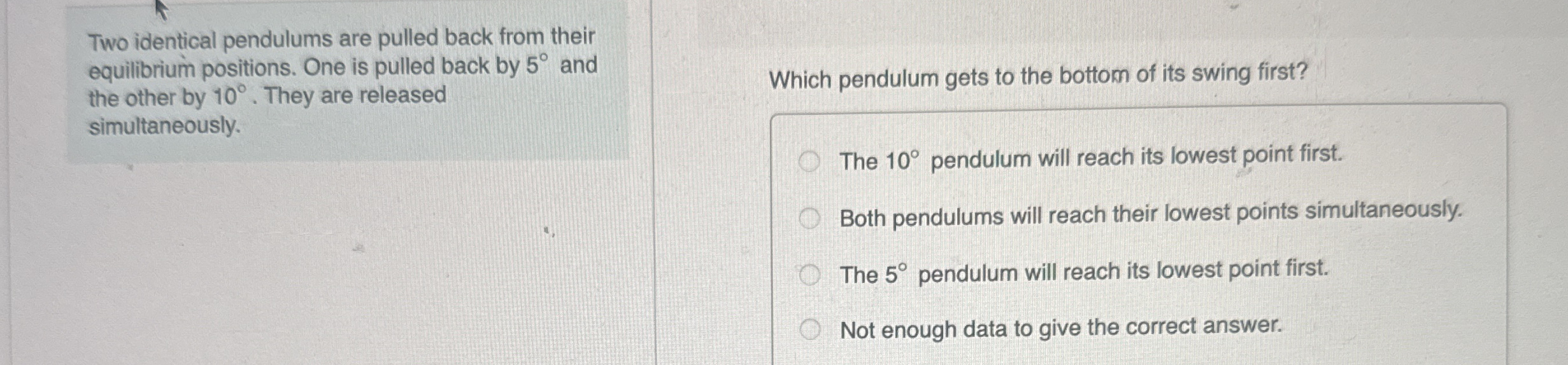 Two identical pendulums are pulled back from