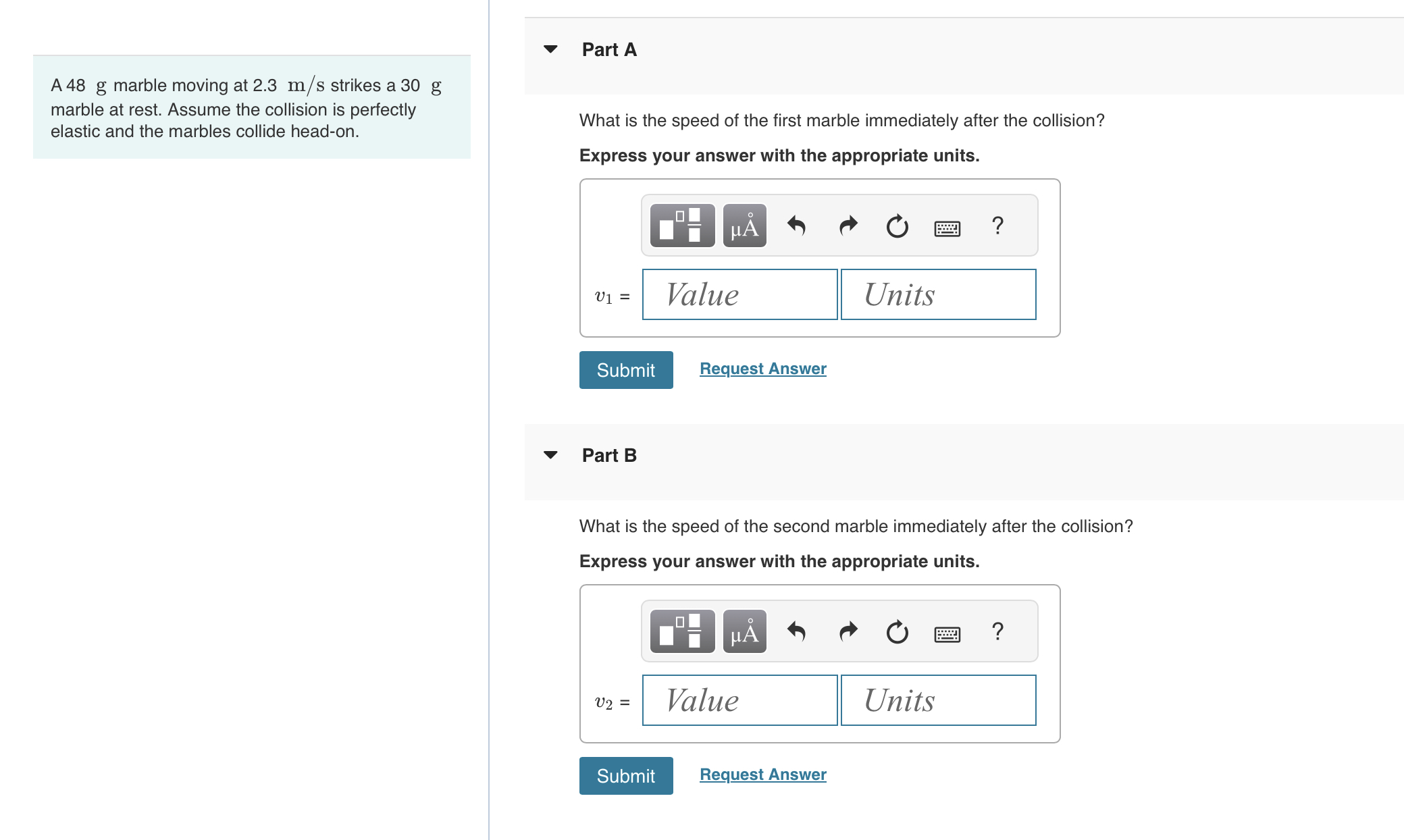 A 4 8 g marble moving at \ ( 2 . 3 \ mathrm { ~m