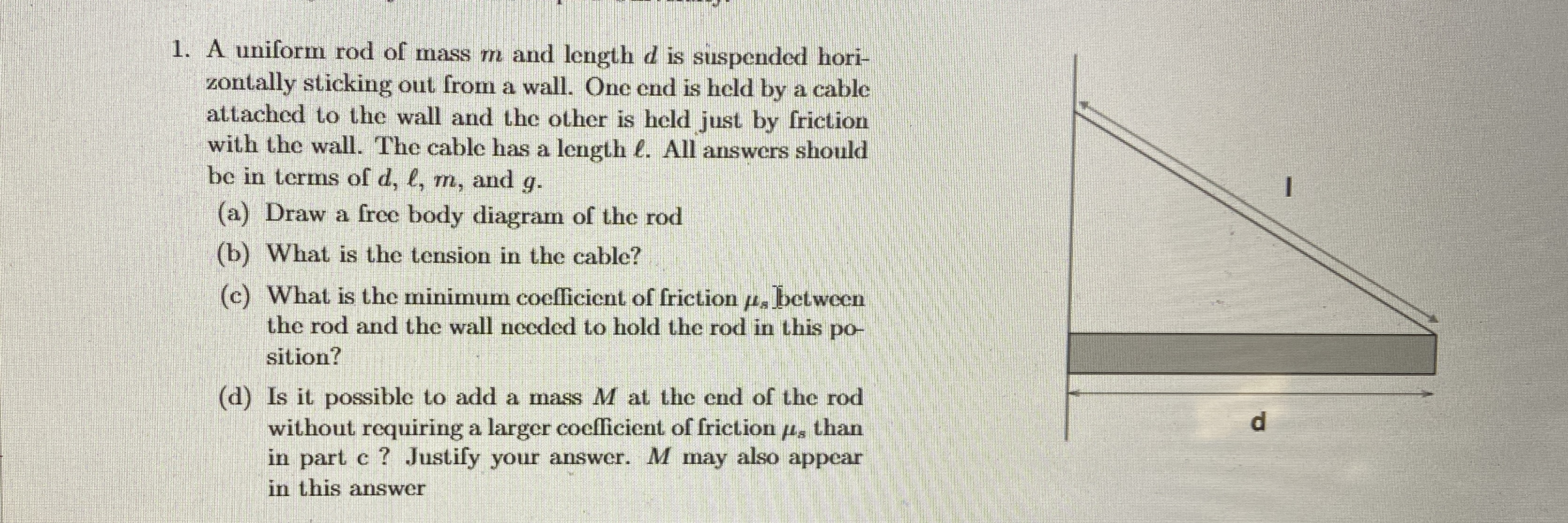 A uniform rod of mass m and length d is suspended