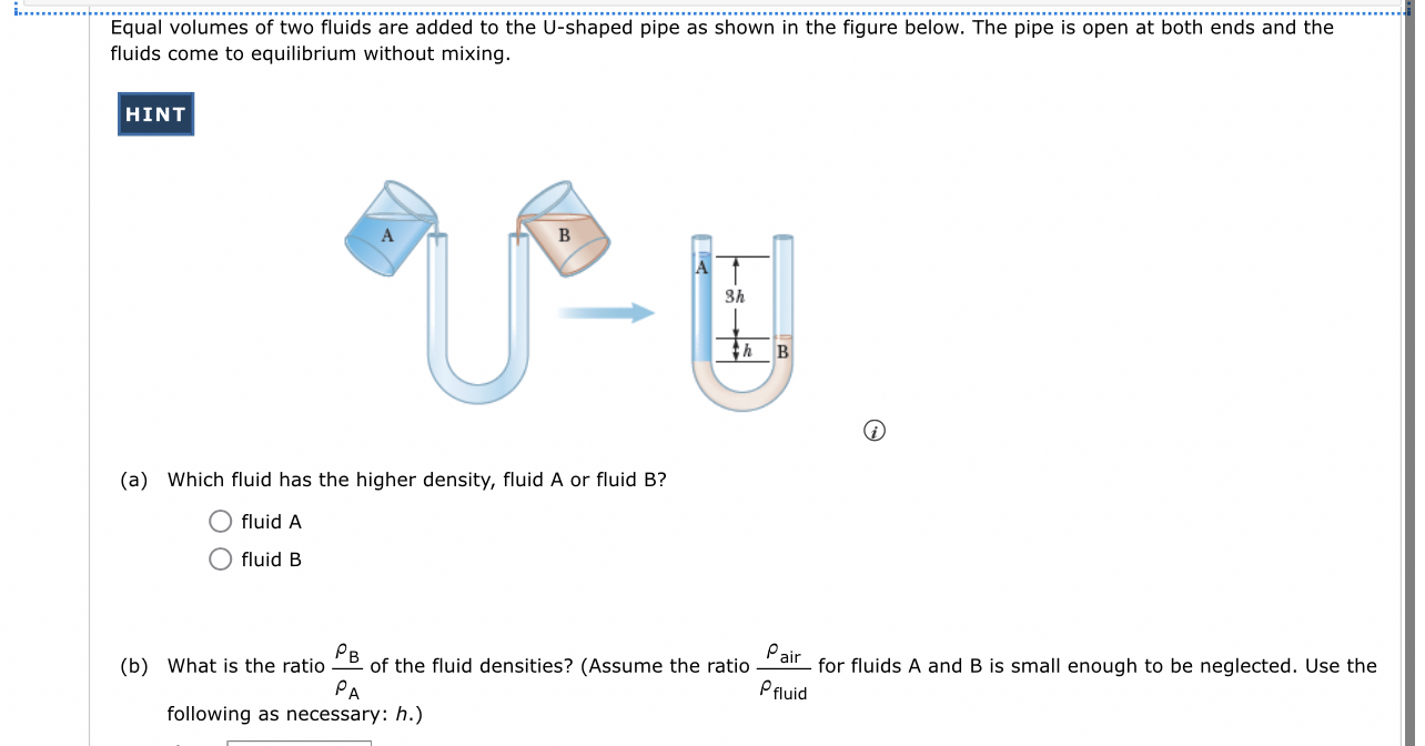 Equal volumes of two fluids are added to the U -