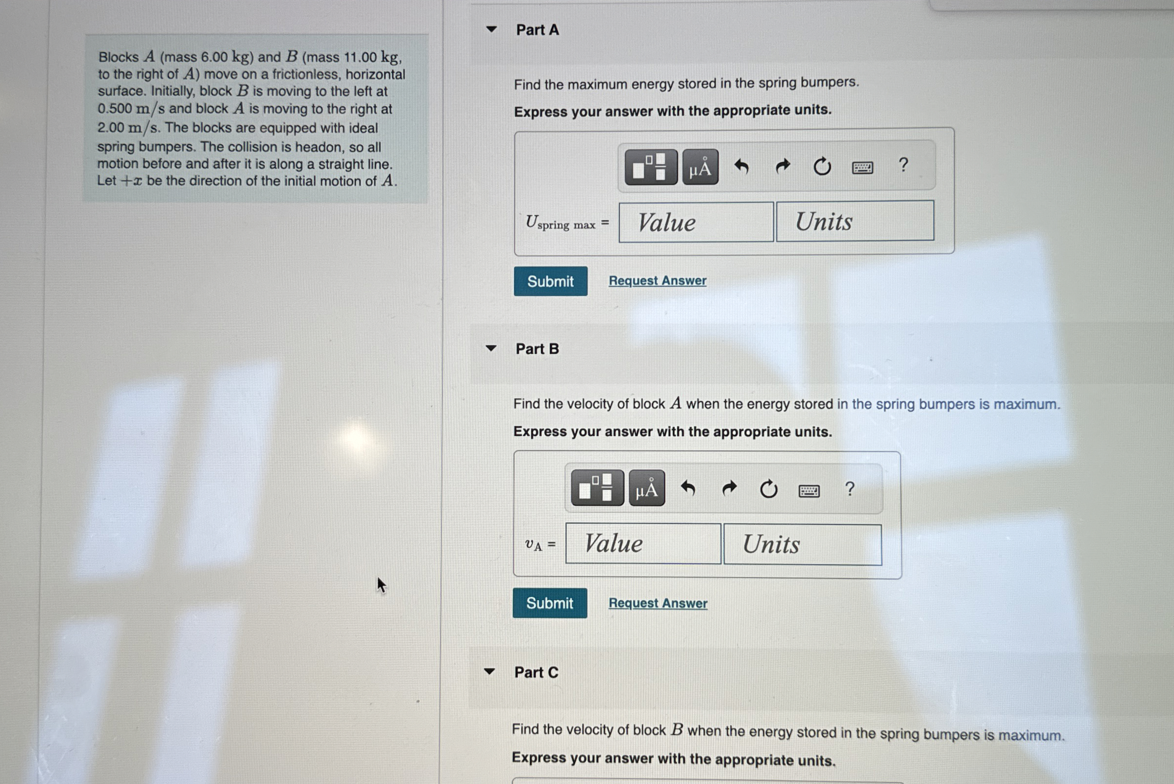 Blocks A ( mass 6 . 0 0 kg ) and B ( mass 1 1 . 0