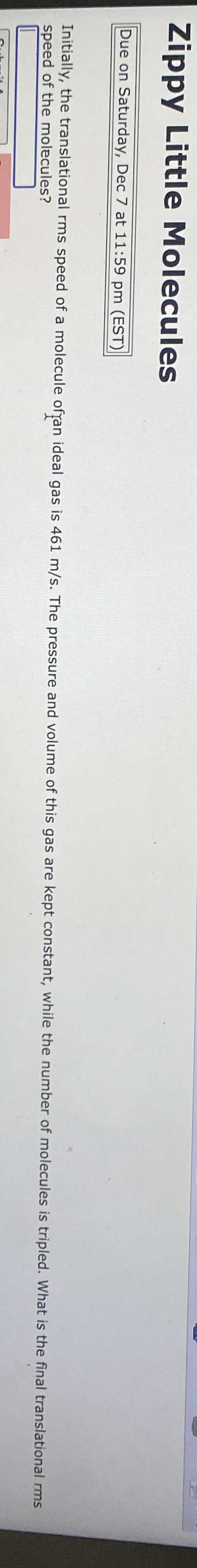 Zippy Little Molecules Due on Saturday, Dec 7 at