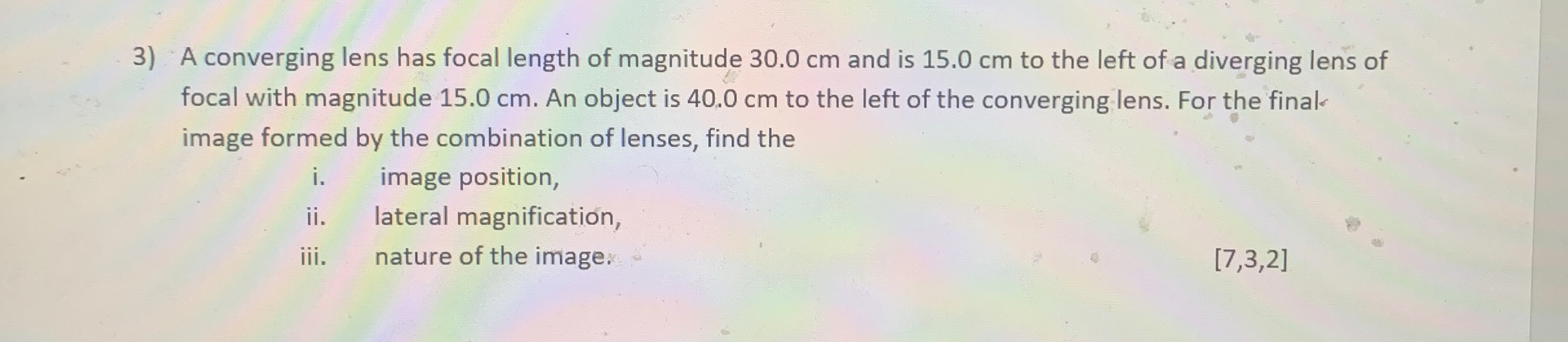 A converging lens has focal length of magnitude 3