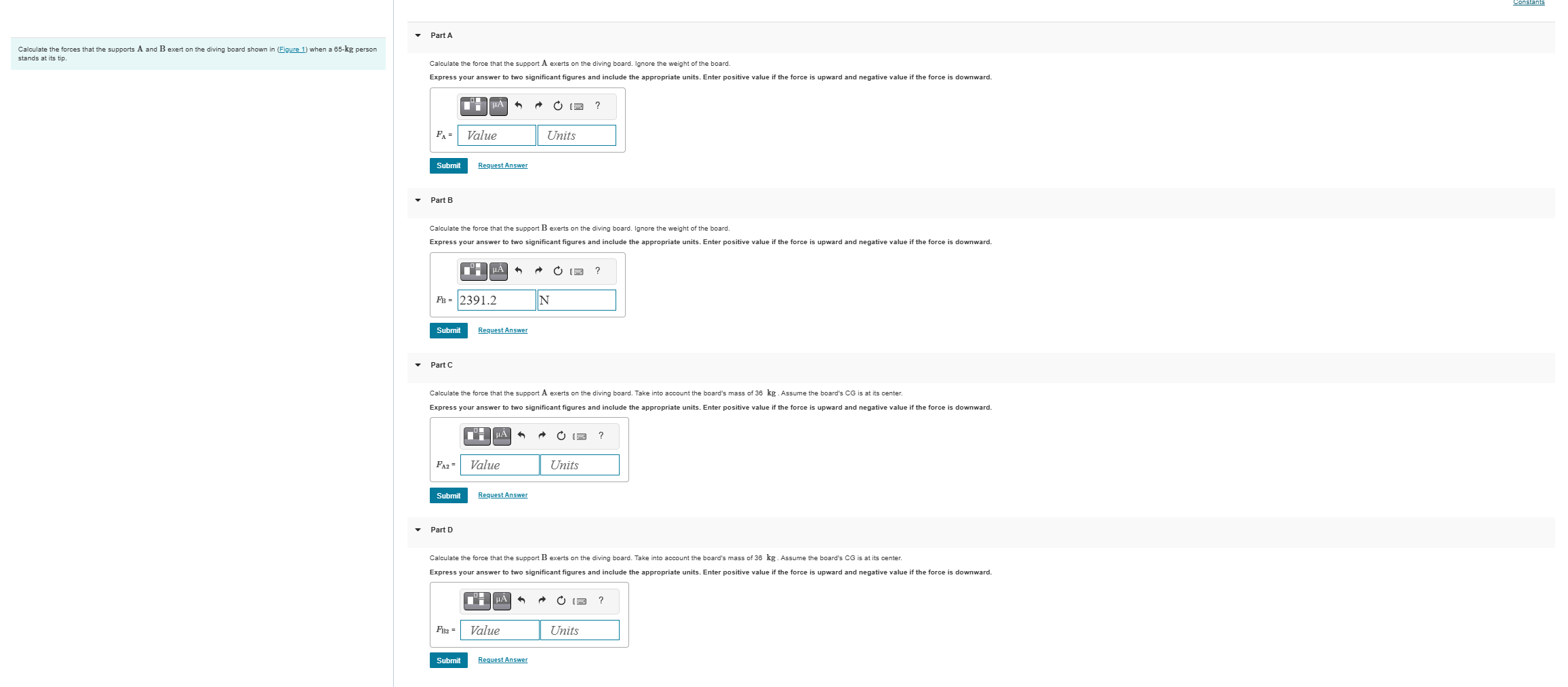 Calculate the forces that the supports A and B