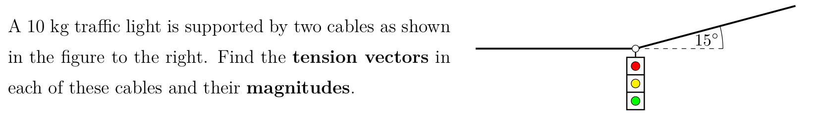 A 1 0 kg traffic light is supported by two cables