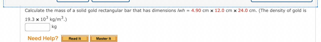 Calculate the mass of a solid gold rectangular