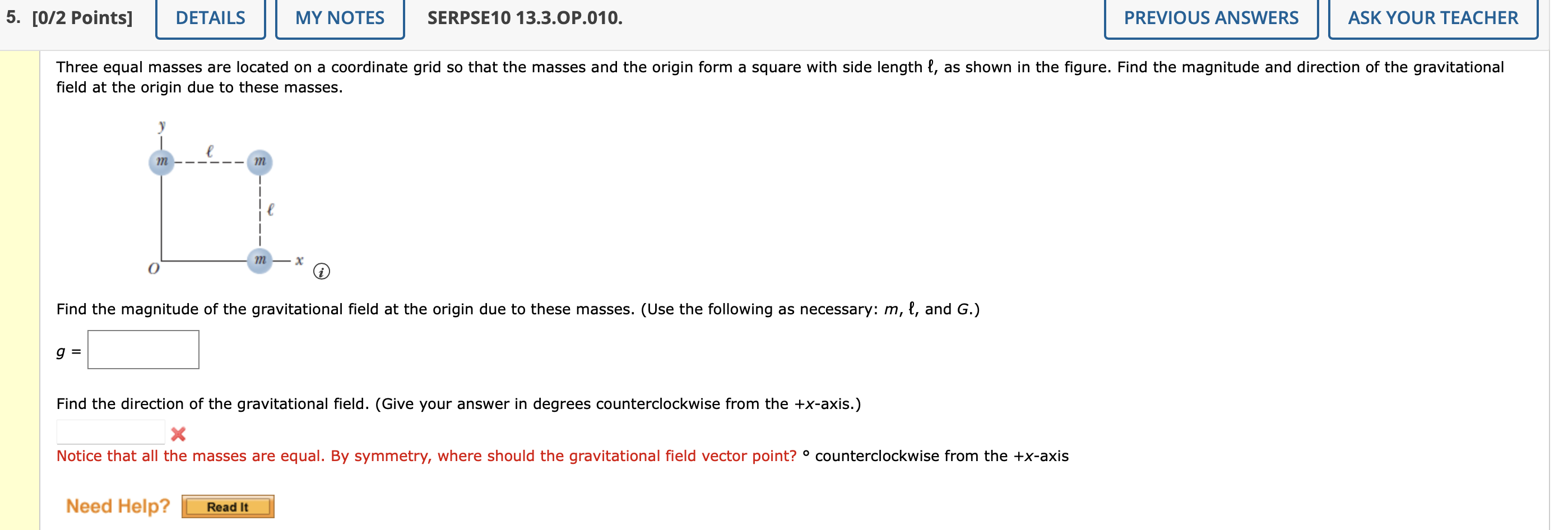 Three equal masses are located on a coordinate