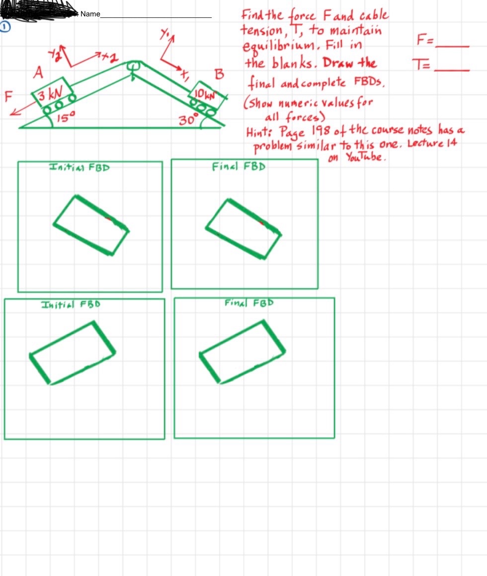 Find the force F and cable tension, T , to