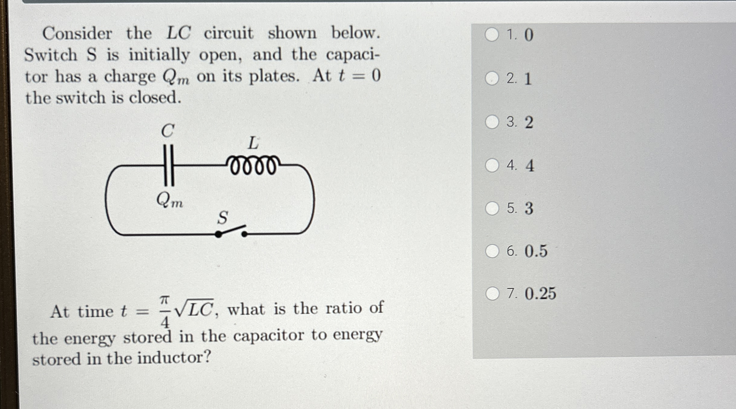 Consider the LC circuit shown below. Switch S is