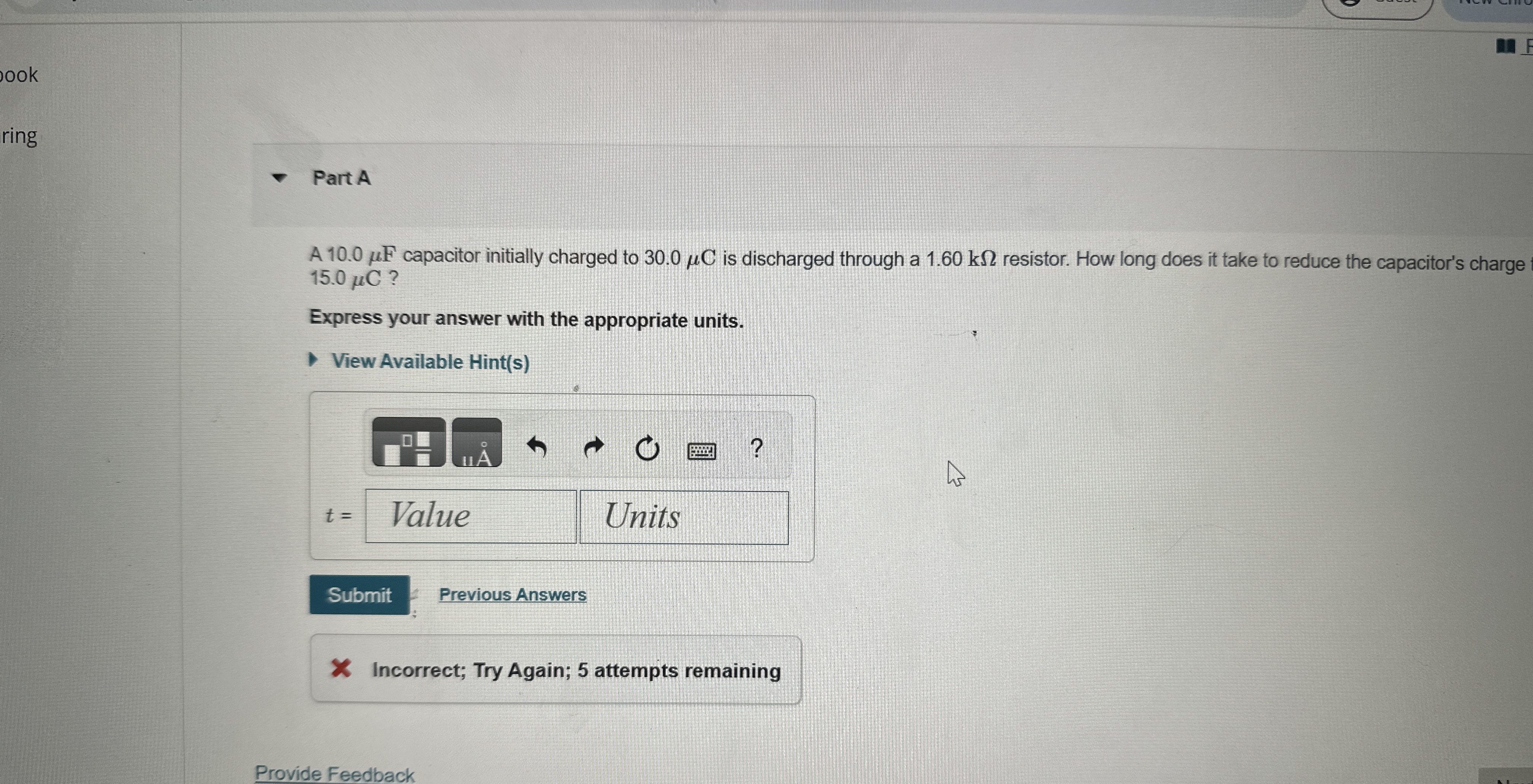 Part A A 1 0 . 0 F capacitor initially charged to