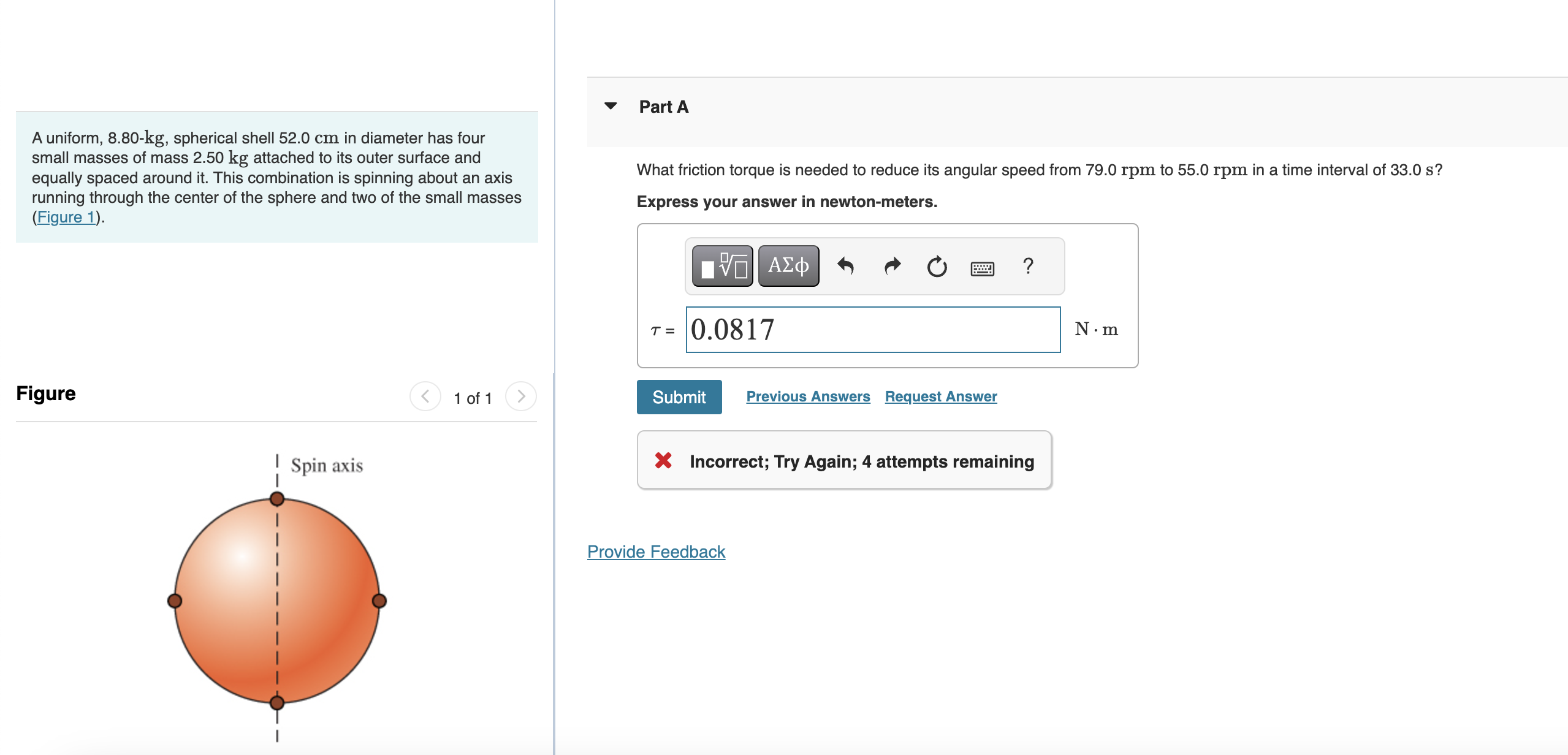 A uniform, 8 . 8 0 - kg , spherical shell 5 2 . 0