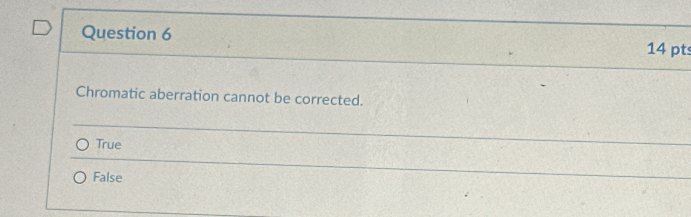 Question 6 1 4 pt Chromatic aberration cannot be