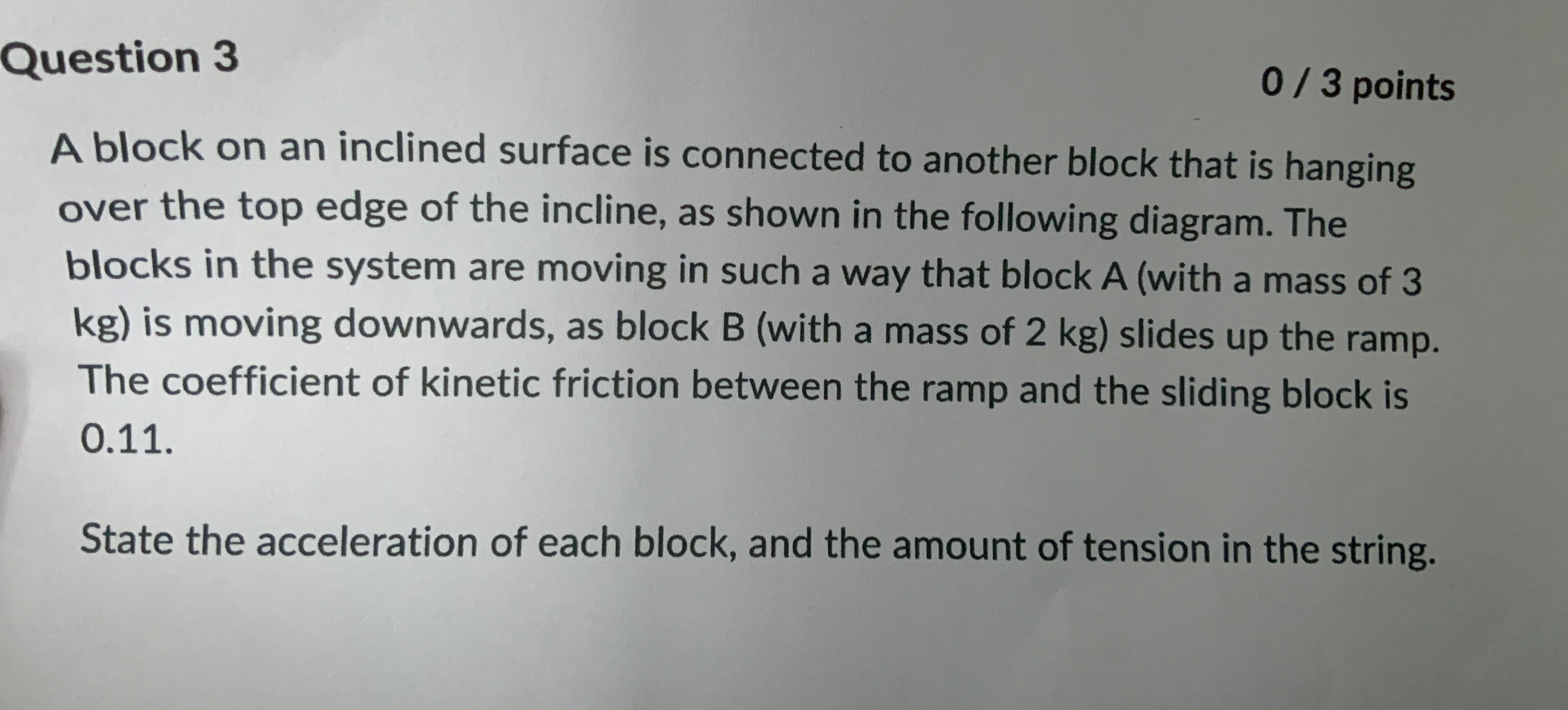 Question 3 0 3 points A block on an inclined