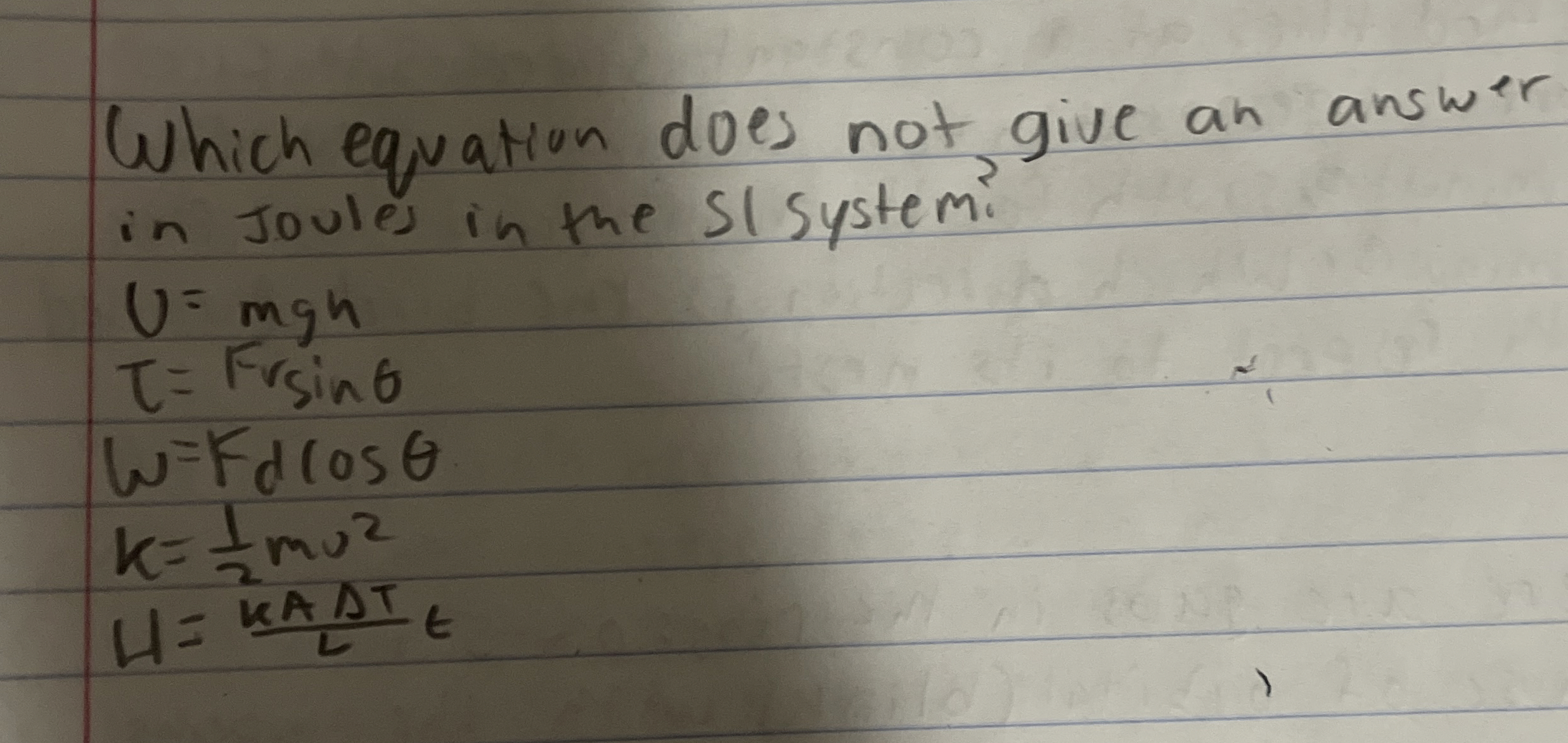 Which equation does not give an answer in Joules