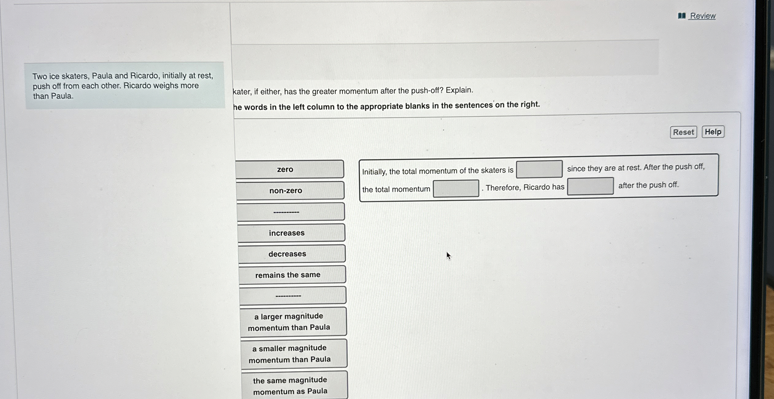 Two ice skaters, Paula and Ricardo, initially at