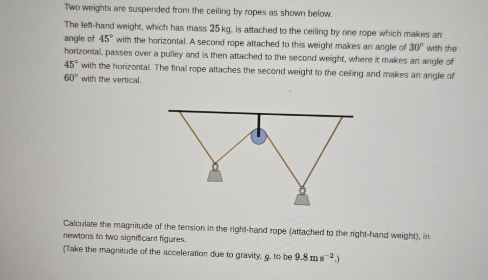 Two weights are suspended from the ceiling by